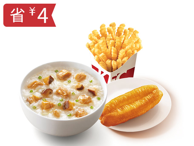 冬菇滑鸡粥+波纹薯条(中)+小食餐